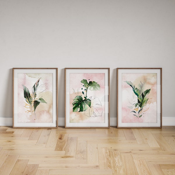 Set of 3 prints, botanical art prints, watercolour prints, green pink, watercolour style botanicals, art for home office bedroom living room