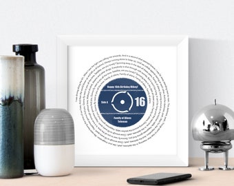 16th Birthday Music Gift / Personalised Record Lyrics Print / Any Song / Any Artist