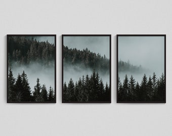 Foggy Forest Trees Wall Art Prints Bedroom Living Dining Room Art Set of 3