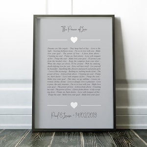 Song Words Lyrics Print Valentines Day Gift / Framed / Unframed Print, Any Song / Any Artist