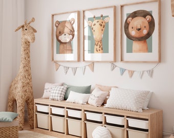 Set of 3 Jungle Animals Nursery Prints with Giraffe, Lion and Bear | Sage Green Coloured Nursery Decor | Safari Nursery Wall Decor