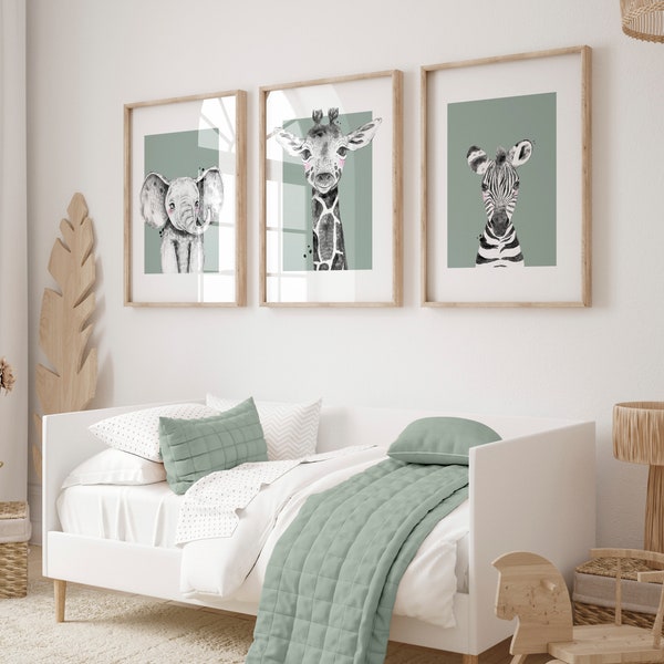 Sage Green Nursery Wall Art Prints with Giraffe, Elephant and Zebra, Set of 3 Safari Animal Prints for Children's Bedroom, Sage Wall Decor