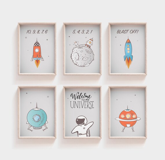 Space Themed Nursery Decor Bedroom Art Outer Space Kids Pictures Set Of 6 Astronaut Rockets