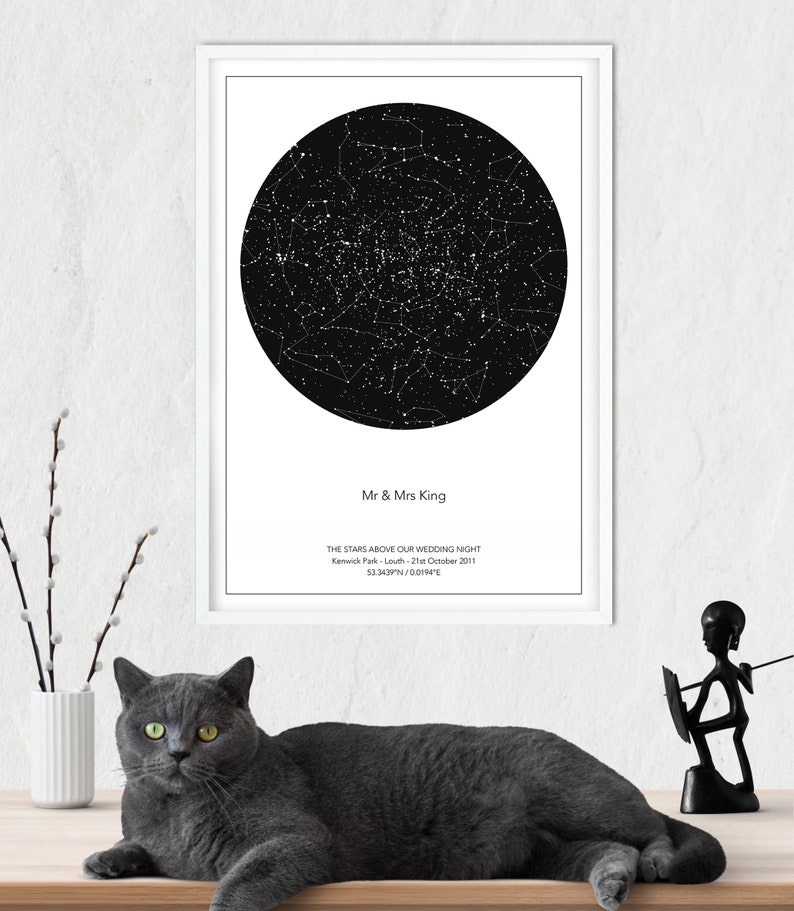 May include: A black and white star map print with the text "Mr & Mrs King", "THE STARS ABOVE OUR WEDDING NIGHT", "Kenwick Park - Louth - 21st October 2011", and "53.3439&deg;N / 0.01194&deg;E".