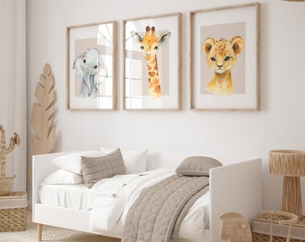 Neutral Nursery Wall Art Prints with Baby Elephant, Lion and Giraffe, Set of 3 Safari Animal Prints in Beige for Girls Boys Bedroom