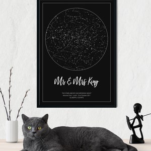 May include: A black and white star map print with the text "Mr & Mrs King" and "THE STARS ABOVE OUR WEDDING NIGHT Kenwick Park - Louth - 21st October 2011 53.3439&deg;N/001.94&deg;E".