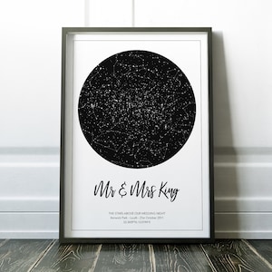 May include: A black and white star map print with the text "Mr & Mrs King" and "THE STARS ABOVE OUR WEDDING NIGHT Kenwick Park - Louth - 21st October 2011 53.3439N/00194°E"