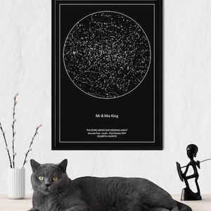 May include: A black and white star map print with the text "Mr & Mrs King", "THE STARS ABOVE OUR WEDDING NIGHT", "Kenwick Park - Louth - 21st October 2011", and "53.3439&deg;N/001.94&deg;E".