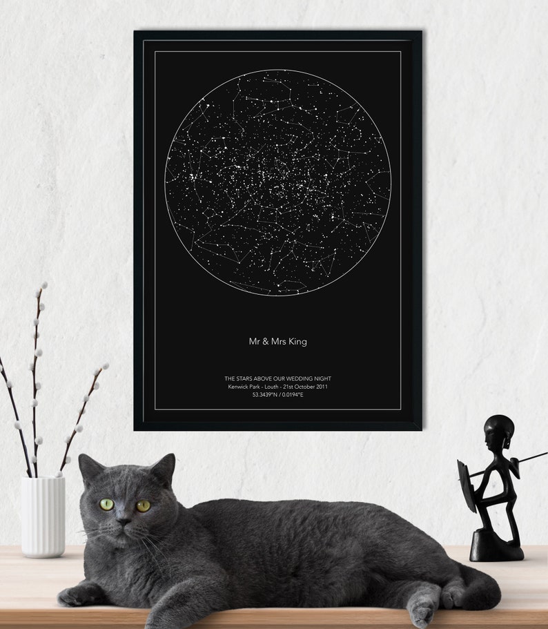 May include: A black and white star map print with the text "Mr & Mrs King", "THE STARS ABOVE OUR WEDDING NIGHT", "Kenwick Park - Louth - 21st October 2011", and "53.3439&deg;N/001.94&deg;E".