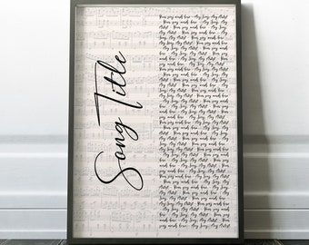 May include: A printable digital download of a song lyric template. The template features a black and white musical score background with the words "Song Title" written vertically in black cursive.
