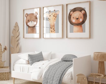 Safari Nursery Wall Art with Giraffe, Lion and Bear | Neutral Coloured Nursery Decor | Set of 3 Jungle Animals Nursery