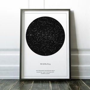 May include: A black and white star map print with the text "Mr & Mrs King", "THE STARS ABOVE OUR WEDDING NIGHT", "Kenwick Park - Louth - 21st October 2011", and "53.3439N/00194&deg;E".