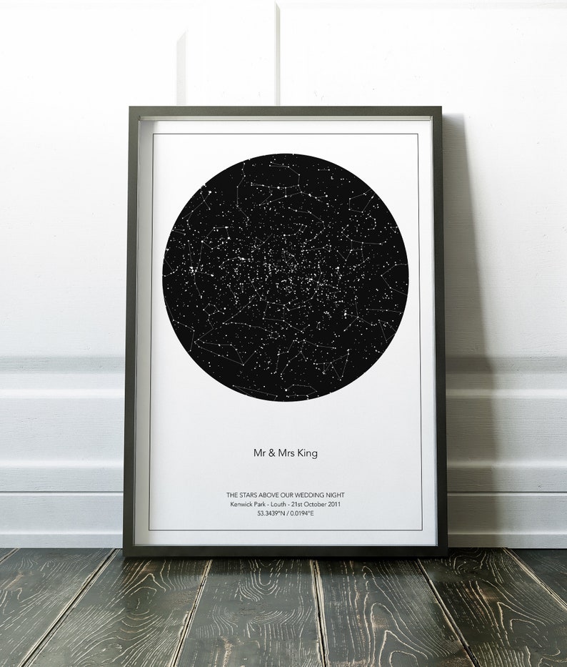May include: A black and white star map print with the text "Mr & Mrs King", "THE STARS ABOVE OUR WEDDING NIGHT", "Kenwick Park - Louth - 21st October 2011", and "53.3439N/00194&deg;E".
