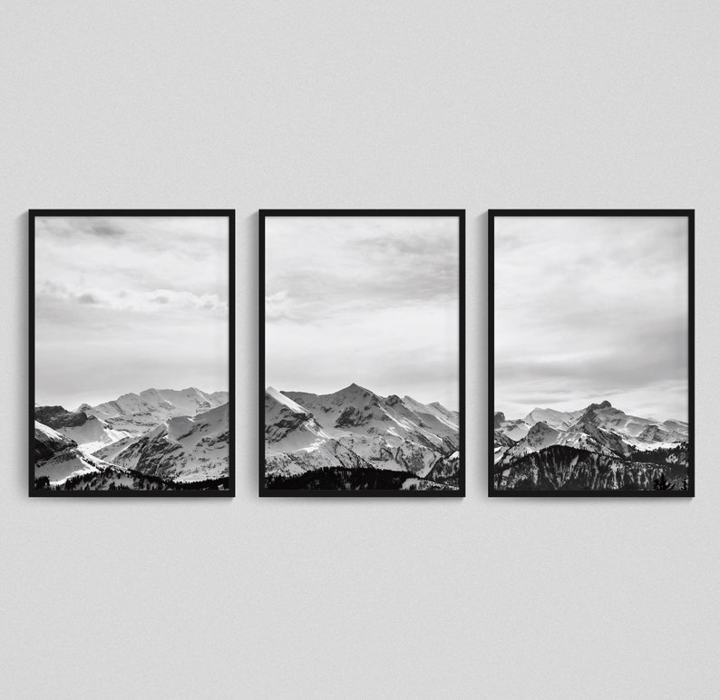 Mountains Wall Art Print Set of 3 Black and White Bedroom Etsy