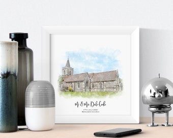 Bespoke Church Wedding Portrait Watercolour Sketch Personalised Anniversary Wedding Gift