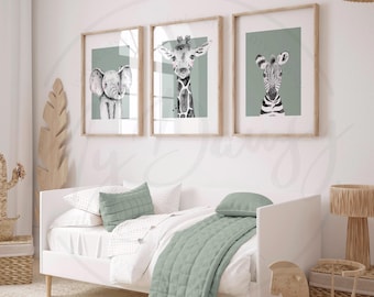 Sage Green Nursery Wall Art Prints with Giraffe, Elephant and Zebra, Set of 3 Safari Animal Prints for Children's Bedroom, Sage Wall Decor