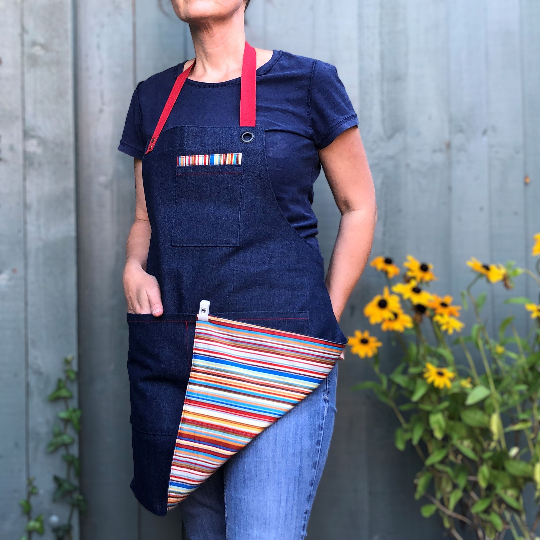 Red Stripe Denim Apron Gardening Apron Craft Apron Denim Etsy