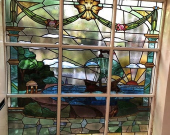 Xl Stained Glass Window Panel Reclaimed Period Antique Leaded Old Swanage Hotel