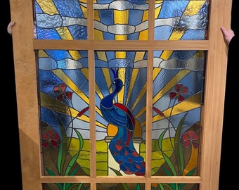 Stunning Large Stained Glass Window Panel Bespoke Sapelle Frame Made To Order.