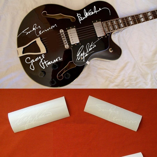 George Harrison, Ringo Starr, John lennon, Paul McCartney autographs guitar stickers vinyl