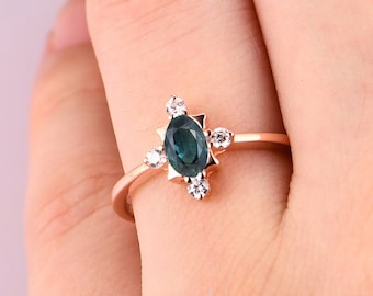 Natural Teal Sapphire Engagement Ring, Art Deco Oval Cut Peacock Green Sapphire Ring, Dainty Bridal Anniversary Ring, Vintage Promise Gifts