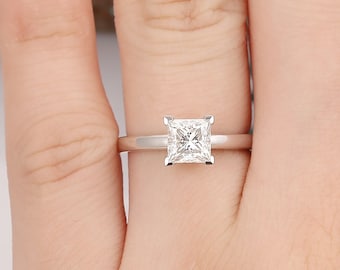 Solitaire Moissanite Ring, Princess Cut 5.5mm Moissanite Engagement Ring, Art Deco Promise Ring, Prong Set Anniversary Ring, Birthday Gift