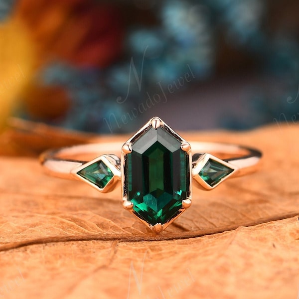 Art Deco Birthday Gift For Fiancée, Long Hexagon 5x9mm Emerald Engagement Ring, Antique Rose Gold Promise Ring, May Birthstone, Solid Gold