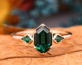 Art Deco Birthday Gift For Fiancée, Long Hexagon 5x9mm Emerald Engagement Ring, Antique Rose Gold Promise Ring, May Birthstone, Solid Gold