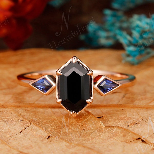 Unique Hexagon Cut 1.1CT Black Onyx Ring For Women, Art Deco Rose Gold Statement Ring, Graduation Gift For Girls, Sapphire Engagement Ring