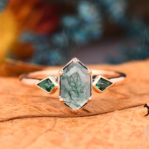 Unique Hexagon Moss Agate Engagement Ring, Prong Set Bridal Anniversary Gift For Women, Art Deco Kite Emerald Ring, Green Gemstone Jewelry