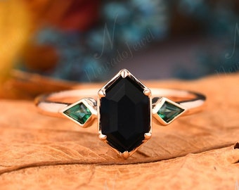 Art Deco Onyx verlovingsring, vintage lange zeshoekige 5x9mm zwarte agaatring, Kite Emerald Promise Anniversary Ring, verjaardagscadeaus