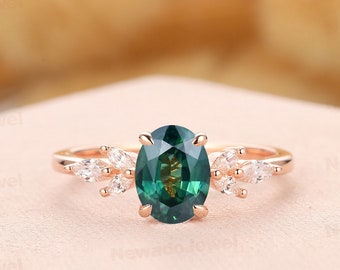 Art Deco Engagement Ring, 6x8mm Oval Cut Natural Teal Sapphire Ring, Birthstone Jewelry For Women, Gorgeous Wedding Ring, Anniversary Gift