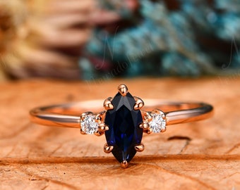 Blue Sapphire Engagement Ring, Marquise 0.5CT Sapphire Ring For Women, Anniversary Weddiing Ring, Birthday Gifts For Her, Solid Gold Ring