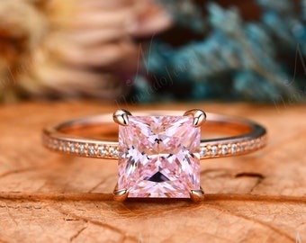 7mm Princess Cut 2CT Pink Sapphire Engagement Ring, Half Eternity Moissanite Wedding Ring, Prong Set Anniversary Ring, Pink Gemstone Ring