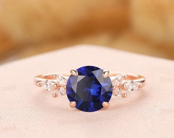 Blue Gemstone Ring, 8mm Round Cut Sapphire Wedding Ring, 14k Gold Marquise Diamond Accent Ring, 18k Gold September Birthstone Fine Jewelry