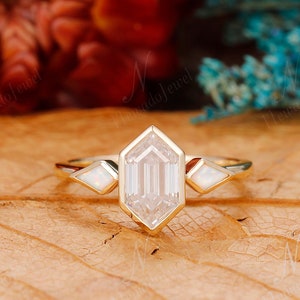 Art Deco Bezel Set 5x9mm Hexagon Cut Moissanite Engagement Ring, Kite Cut Opal Wedding Ring, Vintage Unique Anniversary Gold Ring For Women image 1
