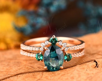 Oval Natural Teal Sapphire Engagement Ring Set, Vintage Half Eternity Bridal Sets, Blue Green Gemstone Promise Ring, Unique Anniversary Ring