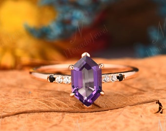 Hexagon Cut Purple Amethyst Bridal Ring, Art Deco Anniversary Gift, Dainty Promise Gold Ring, Vintage Birthstone Jewelry, Engagement Ring