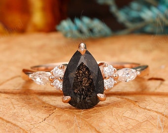 Pear Gemstone Ring, Pear Cut 6x9mm Natural Black Rutilated Quartz Ring, 14k Gold Wedding Engagement Ring, 18k Gold Promise Ring For Women