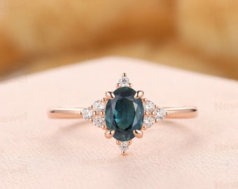 Vintage Engagement Ring, Oval Cut 5x7mm Natural Teal Sapphire Ring, 14k Gold Prong Set Anniversary Ring, Handmade 18k Gold Proposal Ring