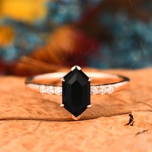 Natural Onyx Hexagon Shape Engagement Ring, Antique Black Gemstone Wedding Ring, Birthday Gift For Women, Solid Gold Bridal Promise Ring