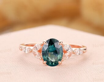 Gorgeous Engagement Ring, Oval Cut 6x8mm Natural Teal Sapphire Ring, Marquise Moissanite Ring, Blue Green Gemstone Ring, Anniversary Gift