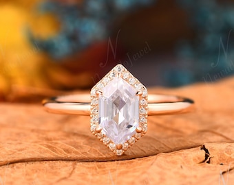 Long Hexagon Moissanite Engagement Ring, Art Deco Promise Anniversary Wedding Ring, Unique Birthday Gift, Moissanite Bridal Ring For Women