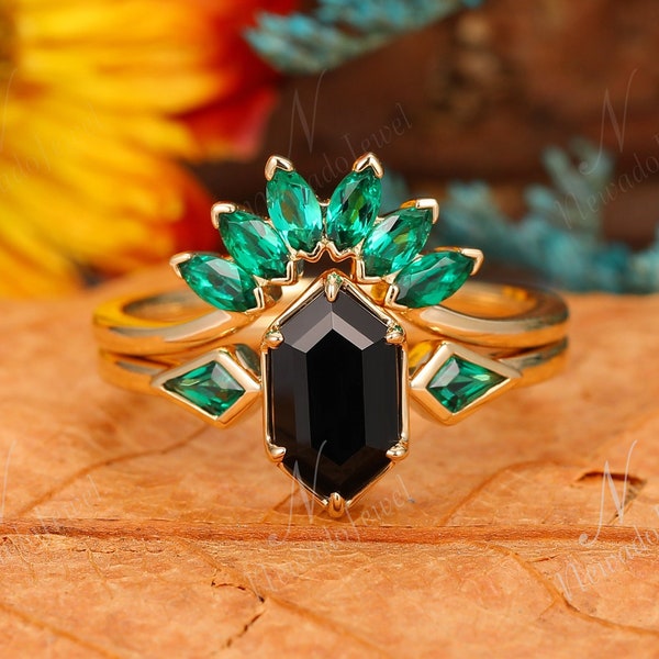 1.1CT Long Hexagon Cut Black Onyx Engagement Ring Set For Women, 14K Yellow Gold Band Stackble Ring, Emerald Promise Ring, Bridal Jewelry