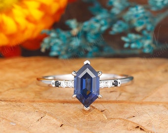 Vintage Hexagon Shaped Blue Sapphire Engagement Ring, September Birthstone Wedding Gifts, Unique White Gold Anniversary Ring For Women