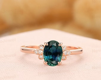 September Birthstone Sapphire Ring, 6x8mm Oval Cut Natural Teal Sapphire Ring, 14k Gold 4 Prongs Engagement Ring, 18k Rose Gold Promise Ring