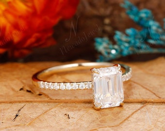 Hidden Halo Emerald Cut Engagement Ring, Emerald Cut 2CT Engagement Ring, Emerald Cut Ring, Solid 14k Moissanite Engagement Ring For Women