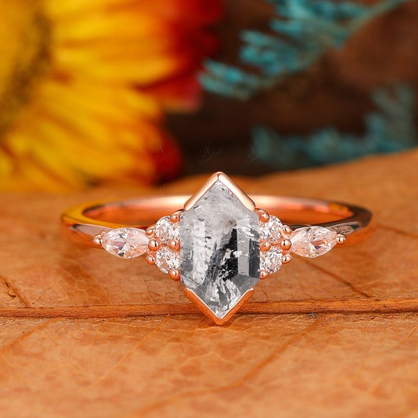 Art Deco Geometric Diamond Promise Ring, Hexagon Diamond Engagement Ring, Galaxy Raw Salt and Pepper Diamond Ring, Herkimer Diamond Jewelry