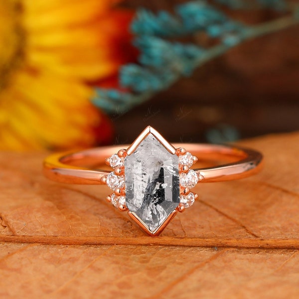Black White Gemstone Gift For Her, Galaxy Raw Salt and Pepper Diamond Ring, Hexagon Cut Herkimer Diamond Engagement Ring, Birthday Gifts