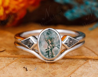 Natural Green Moss Agate Engagement Ring Set, Vintage Moss Agate Wedding Ring Set, Gold Stacking Rings, Rutilated Quartz Ring For Women